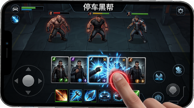 主体:《停车黑帮》手机操作截图,手指点击技能按钮,游戏界面有卡牌对战动画。布局:画面分为上下两半,上方是敌人,下方是我的卡牌,手指正在点击一个技能。排版:界面边缘有虚拟摇杆,底部有技能栏。风格:实机游戏截图风格。细节:手指红色光晕,技能特效蓝色光芒。画质:高清,干净。