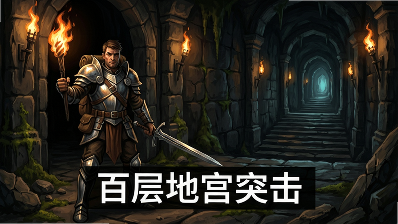 主体:一名手持火炬与长剑的探险者站在幽暗地宫入口,背后是层层石阶向下延伸;布局:居中构图,探险者占左侧三分之一,右侧露出地宫深处的微光;排版:画面下方叠加半透明黑底白字“百层地宫突击”标题;风格:暗黑奇幻手绘风,类似《暗黑破坏神》的哥特插画;细节:探险者盔甲反光,地面有苔藓和碎石,墙壁上燃着火把;画质:4K超清,光影细腻,干净无多余元素