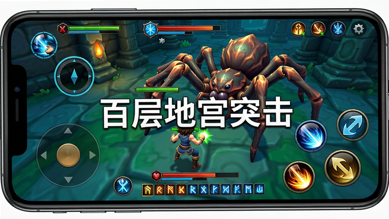 主体:手机屏幕显示游戏界面,左侧有虚拟摇杆,右侧有技能按键,角色正在与一只巨型蜘蛛战斗;布局:竖屏模式,UI完整展示;排版:画面中央有“百层地宫突击”水印;风格:游戏实机截图画风,色彩鲜艳;细节:技能冷却圈、血条、符文栏清晰可见;画质:高清,无多余元素