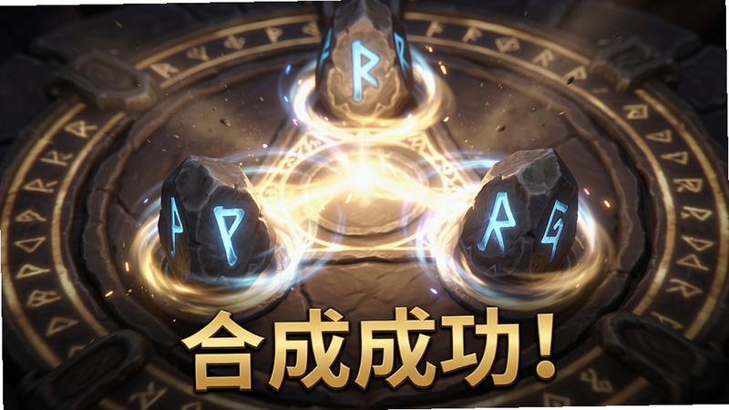 主体:一个魔法阵平台上有三个符文石在旋转融合,爆发光芒;布局:居中特写,符文石呈三角形排列;排版:界面下缘显示“合成成功!”金色大字;风格:魔幻光影特效,类似《流放之路》的宝石合成;细节:符文表面有发光纹路,尘埃粒子飘散;画质:4K,动态模糊,无多余元素