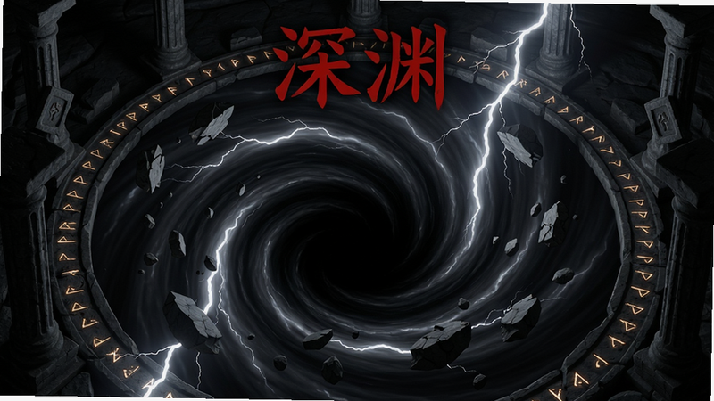 主体:深渊模式的入口场景,巨大的黑色漩涡中有闪电;布局:漩涡占据画面中央,边缘有石柱和符文封印;排版:漩涡上方有“深渊”二字血红色字体;风格:黑暗写实,带有恐怖气氛;细节:漩涡边缘有破碎的石块漂浮,闪电照亮周围;画质:8K超清,无多余元素