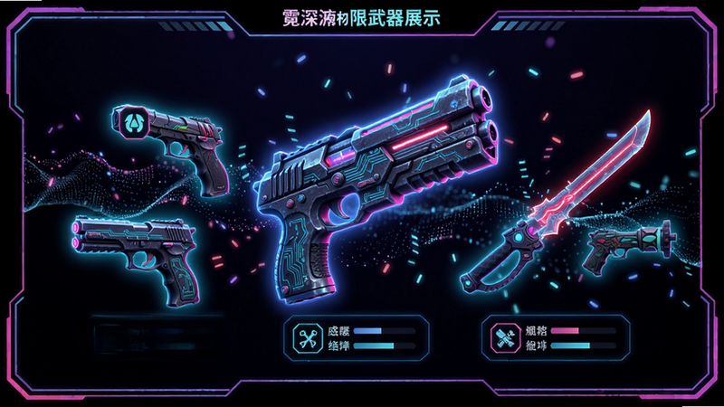 主体:霓虹深渊无限武器展示界面,多把不同外观的武器悬浮在霓虹背景前,包括一把发光的手枪和一把激光剑。布局:武器呈扇形排列,中间一把巨型武器突出。排版:居中对称,武器下方有属性说明文字。风格:赛博朋克UI风格,黑底霓虹边框,图标带有发光描边。细节:武器表面有电路纹理,激光剑剑刃半透明,背景有动态粒子流动。画质:高清材质,干净无多余元素。