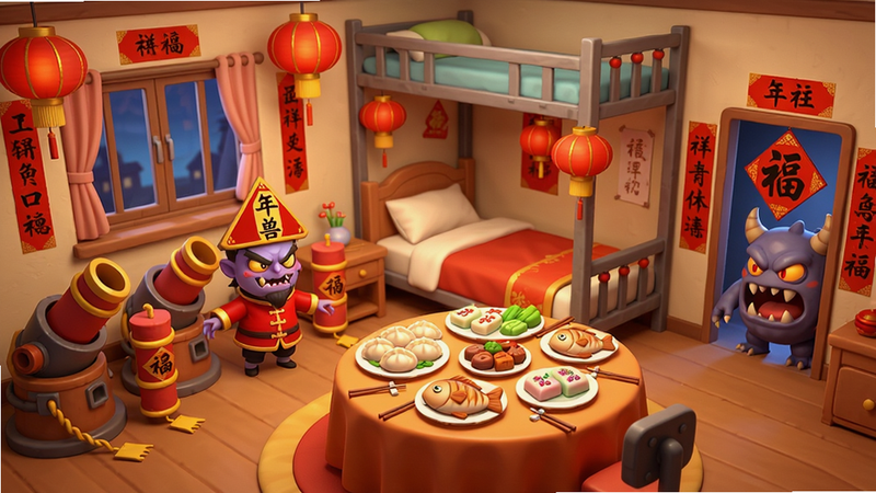 主体:游戏战斗场景,一个装饰了红灯笼、春联的宿舍房间,中央床铺旁放着年夜饭圆桌。布局:右侧怪物入口挂有“福”字,左侧炮台阵列中有几个造型为鞭炮形状。风格:卡通喜庆,暖色调,灯光柔和。细节:桌上有饺子、鱼、年糕,猛鬼身穿红色唐装,头顶“年兽”标志。画质:高清,干净,无多余元素。