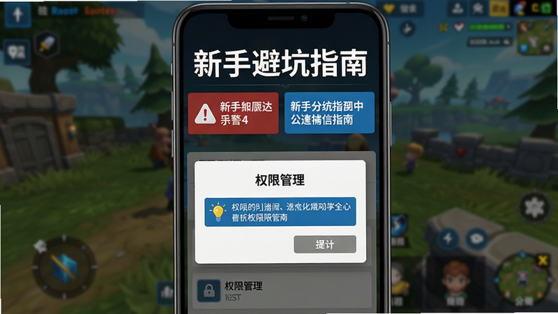 主体:手机屏幕截图,显示游戏内设置界面,弹出“权限管理”提示框。布局:最上方是“新手避坑指南”标题,下面有红色警告和蓝色提示文字块。风格:清晰信息图,背景虚化游戏场景。细节:红色文字用感叹号标注,蓝色文字有灯泡图标。画质:高清,干净,无多余元素。
