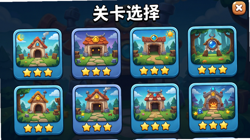 主体是游戏关卡选择界面,布局网格状,排版整齐,风格卡通,细节展示多个关卡图标及星星评分,画质高清,干净,图片中显示文字“关卡选择”