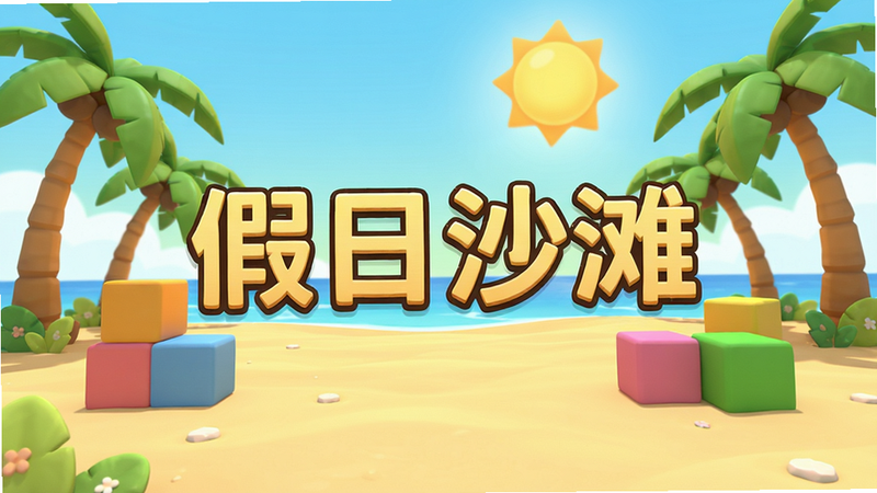 主体是假日沙滩主题的游戏画面,布局全屏,排版自然,风格明亮治愈,细节展示椰子树、太阳和彩色方块,画质高清,干净无多余元素,图片中显示文字“假日沙滩”