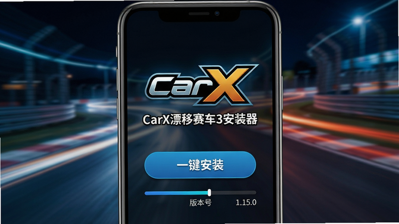 主体为CarX漂移赛车3安装器的手机屏幕界面,布局居中显示游戏Logo和“一键安装”按钮,排版简洁干净,背景为赛道模糊光影。风格现代科技感,细节包含安装进度条与版本号1.15.0,画质4K高清,干净无多余元素,文字标注“CarX漂移赛车3安装器”