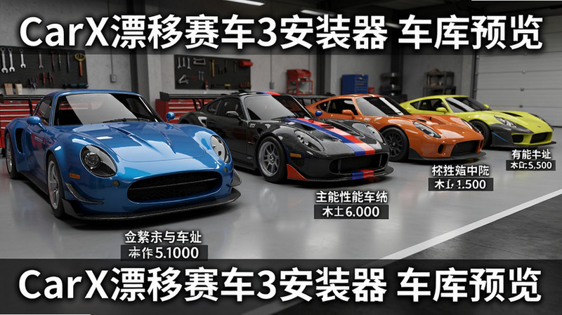 主体为一排经典赛车并排展示在车库场景中,布局横向排列,每辆车下方显示名称与性能参数。排版整洁,风格高清渲染,细节包含车漆反光与碳纤维纹理,画质锐利,干净无多余元素,文字标注“CarX漂移赛车3安装器 车库预览”