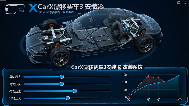主体为改装界面,布局上方是车辆底盘透视图,下方是各项参数滑条。风格科技蓝调,细节显示涡轮压力与马力曲线,画质清晰,干净无多余元素,文字标注“CarX漂移赛车3安装器 改装系统”