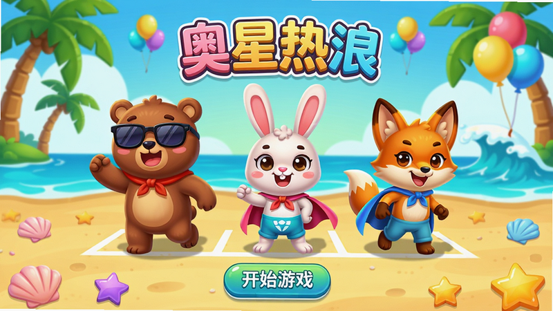 主体:奥星热浪游戏主界面,画面中央是几个色彩鲜艳的卡通小动物角色(小熊、小兔、小狐狸)站在阳光明媚的沙滩起跑线上,表情兴奋。布局:角色居中,背景是热带岛屿风情,有棕榈树、海浪和彩色气球,天空飘着“奥星热浪”艺术字标题。排版:文字标题位于顶部,角色下方有“开始游戏”按钮,整体干净明亮。风格:Q版卡通,色彩饱和度高,阴影柔和,细节:每个角色身上有独特装饰(墨镜、披风),地面有贝壳和星星图案。画质:4K清晰,无多余元素,干净清爽。