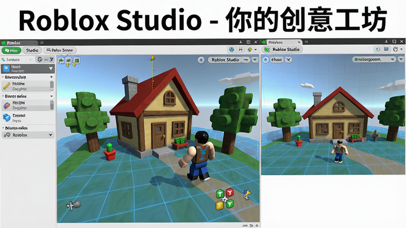 主体:Roblox Studio编辑界面,显示一个正在搭建的3D场景,包括房屋、树木和角色。布局:左侧为工具栏,右侧为实时预览窗口。风格:简洁专业,带有游戏化元素。细节:编辑器中有一个半透明的蓝色网格,角色模型正在被拖动。画质:清晰,无多余元素。图片上方有文字“Roblox Studio - 你的创意工坊”。