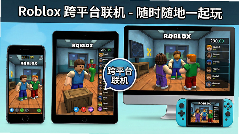 主体:四台不同设备(手机、平板、电脑、游戏机)屏幕并列显示同一《Roblox逃生教室》游戏画面,角色正在合作解谜。布局:四块屏幕等大排列,中间有“跨平台联机”图标。风格:漫画风格,色彩鲜艳。细节:每台设备屏幕上都有相同的游戏时间和队友列表。画质:高解析度,干净。图片上方有文字“Roblox 跨平台联机 - 随时随地一起玩”。