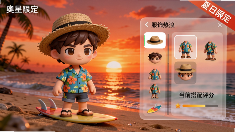 奥星热浪角色装扮界面预览,展示一个Q版男性角色站在夕阳沙滩上,头戴草帽、身穿花衬衫和短裤,脚踩冲浪板,右侧有服饰分类面板和当前搭配评分,背景是橙红色晚霞和海面倒影,UI采用半透明毛玻璃效果,布局整洁,细节精致如衬衫印花和木屐纹理,画质细腻,图片上显示