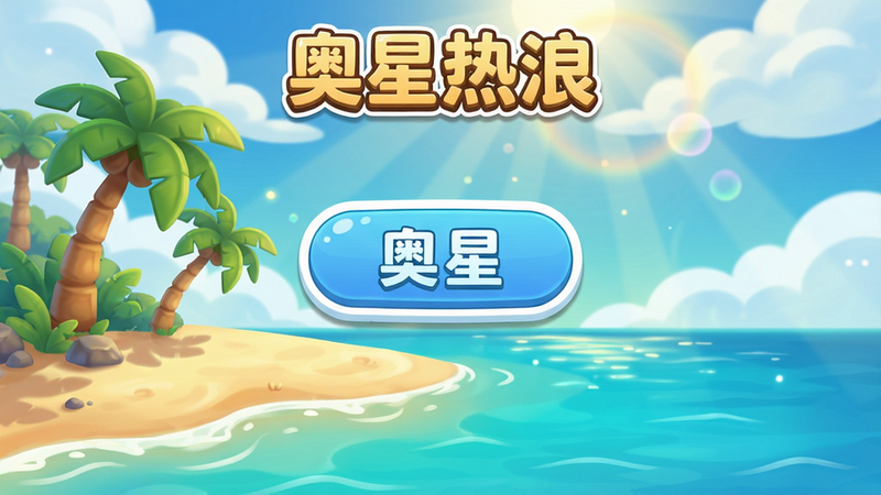 奥星热浪游戏主界面预览图,画面呈现一个色彩鲜艳的热带岛屿全景,中央悬停游戏主菜单按钮,背景有细腻的沙滩、摇曳的棕榈树和碧蓝海水,阳光透过云层洒下光晕,Q版卡通风格,UI按钮采用圆角设计并带有白色描边,整体布局干净清爽,画质细腻,无多余元素,图片上显示