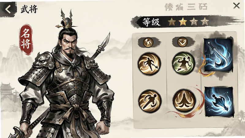 凑凑名将武将养成界面:主体为武将详情页,左侧是武将立绘,右侧展示等级、星级、技能图标,布局清晰分栏。风格为水墨厚涂,细节包括武将名字旁的“名将”标签以及技能特效预览,画质高清,淡色背景突出人物,无多余元素。