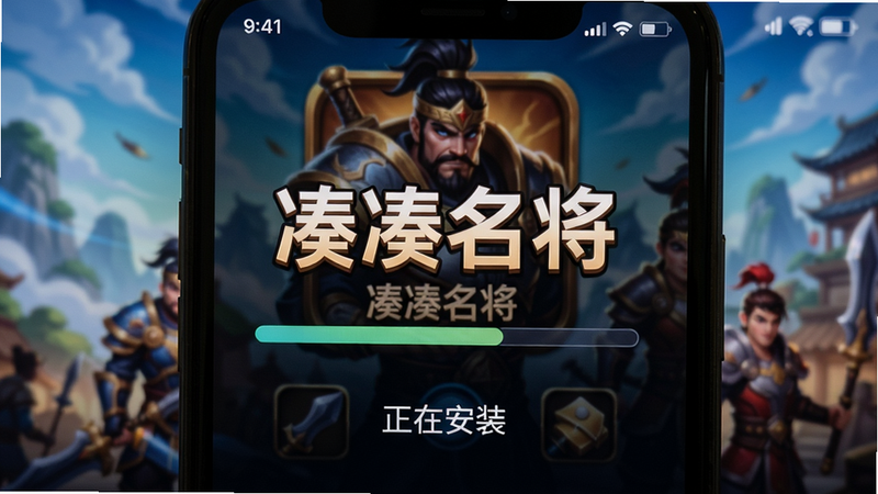 凑凑名将安装界面截图:主体为手机屏幕显示安装进度条,背景为游戏启动画面,布局居中,下方有“正在安装”文字。风格为现实截图风,细节包括右上角电量图标和状态栏,画质真实,整体干净无多余元素,屏幕中央显示“凑凑名将”字样。