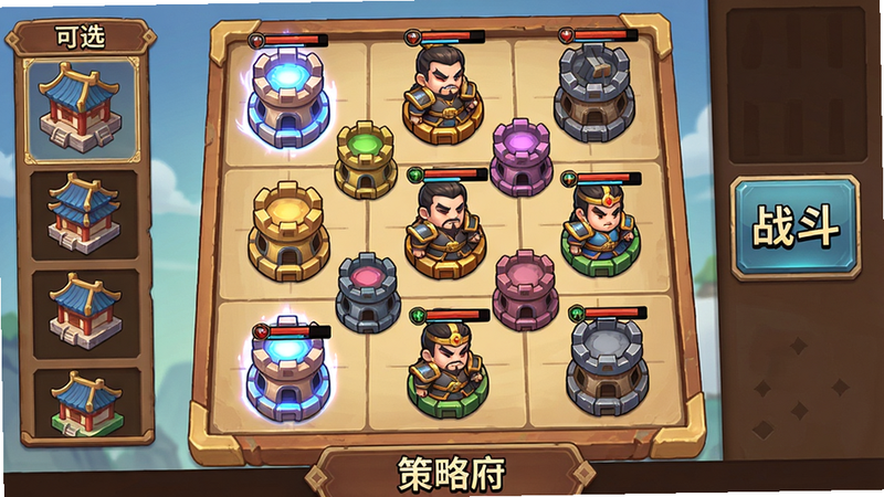 凑凑名将策略府布阵界面:主体为九宫格棋盘,棋盘上分布着不同颜色的防御塔和武将棋子。布局采用网格排列,左侧为可选建筑栏,右侧为战斗预览按钮。风格为Q版三国风,细节包括塔身的光效和武将的头顶血条,画质清晰,整体干净无杂乱元素,底部显示“策略府”标题文字。