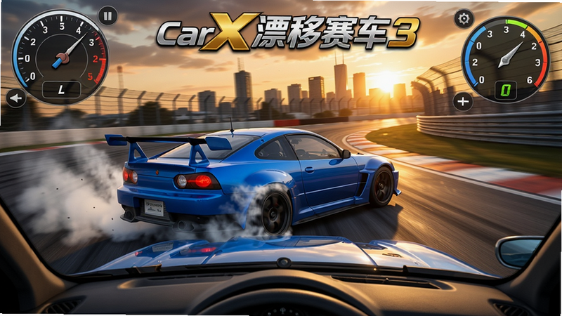 CarX漂移赛车3安装器,动态漂移赛车场景,一辆蓝色赛车在赛道上侧滑过弯,轮胎冒烟,背景是夕阳下的城市赛道,第一人称视角,高画质,光线追踪,金属质感,干净无多余元素,游戏UI界面显示速度与漂移分数,文字'CarX漂移赛车3'
