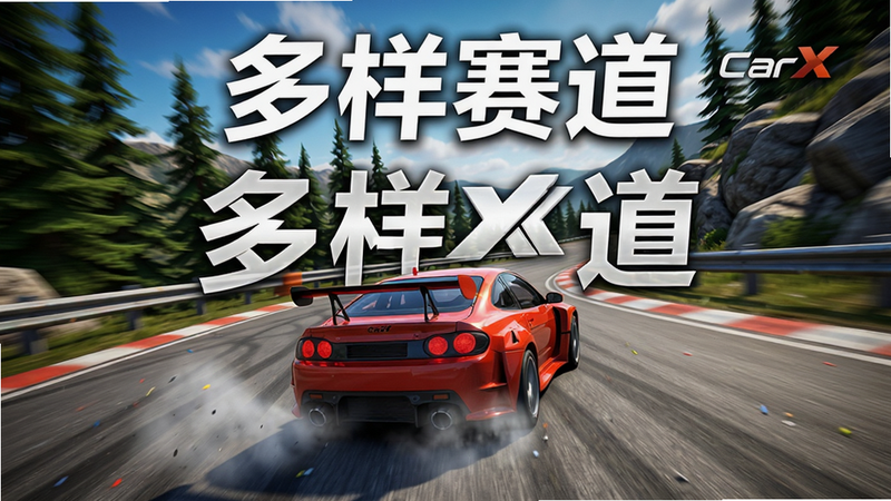 多样化赛道场景,CarX漂移赛车3安装器,一辆赛车在山路赛道上疾驰,周围有树木和岩石,远景天空,动态视角,高画质,色彩鲜艳,细节丰富,无多余元素,文字'多样赛道'