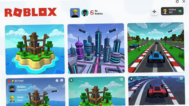 主体:Roblox游戏主界面,中央展示多个色彩鲜艳的虚拟世界缩略图,如冒险岛屿、科幻城市、赛车赛道;布局采用网格排列,左上角有“Roblox”标志性红色字母logo;风格卡通明亮,细节包括玩家头像、好友列表、在线人数标签;画质清晰,画面干净无多余元素。