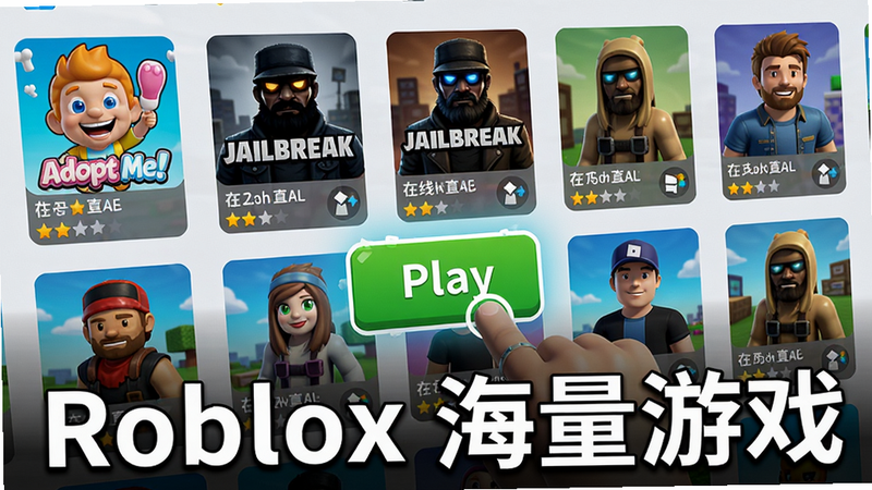 主体:Roblox游戏选择界面,多个游戏图标如“Adopt Me!”、“Jailbreak”排列布局;中间有玩家点击“Play”按钮的动画效果;风格明亮活泼,细节包括游戏评分、在线人数、缩略图;画质干净,无多余元素,打文字“Roblox 海量游戏”。