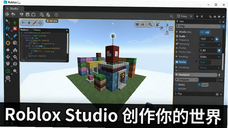 主体:Roblox Studio编辑界面,左侧工具栏、中央3D场景、右侧属性面板;布局清晰,风格科技感,细节包括方块搭建、灯光设置、脚本代码片段;画质高,背景干净,打文字“Roblox Studio 创作你的世界”。