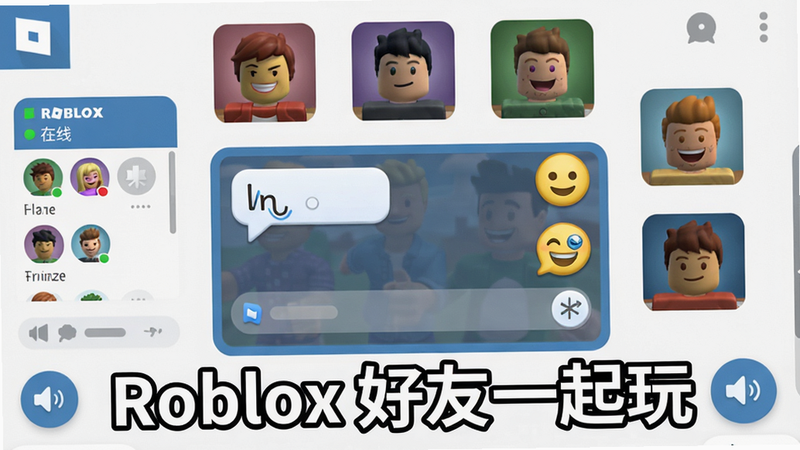 主体:Roblox社交界面,多个玩家头像围绕聊天框,有打字气泡和表情;布局类似聊天应用,风格卡通友好,细节包括在线状态、好友列表、语音图标;画质清晰,无多余元素,打文字“Roblox 好友一起玩”。