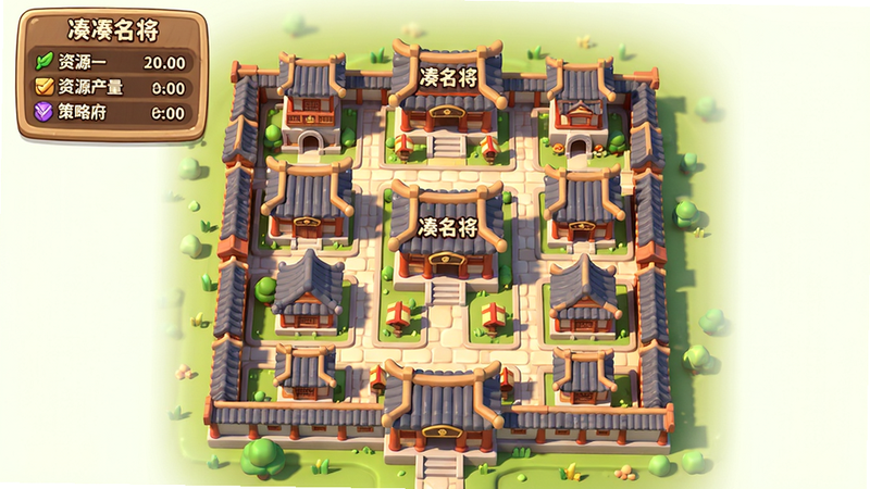 一张策略府布局俯视图,主体为「凑凑名将」策略府全景,建筑呈网格状排列,左上角有资源产量面板,布局整齐,Q版卡通风格,暖色调,细节丰富,画质高清,干净无多余元素