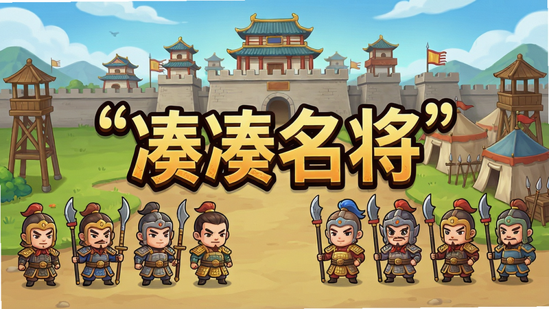 一张游戏主界面截图,主体为「凑凑名将」游戏标题,背景是三国城池与军营,武将列队排开,布局居中对称,卡通Q版风格,细节清晰,画质高清,干净无多余元素,标题文字加引号