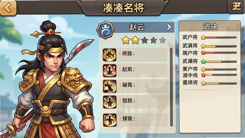 一张武将养成界面截图,主体为「凑凑名将」武将详情页,展示武将「赵云」的立绘、星级、技能列表,布局左侧为立绘右侧为属性面板,卡通风格,细节清晰,画质高清,干净无多余元素