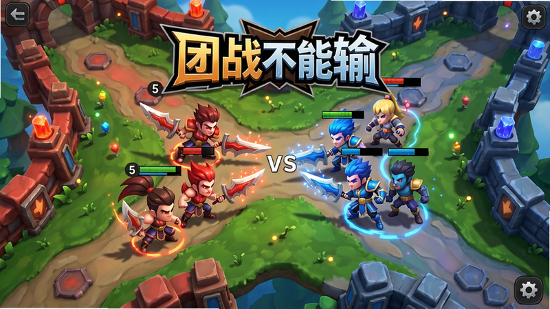 ��ս��������Ϸ�����棬չʾ5v5��ս����������˫��Ӣ����Ͽ�ȵ�ͼ�н��棬��������ɫ�����ޣ����ÿ�ͨ��Ⱦ��񣬲��־��У����ʸ��壬�ɾ��޶���Ԫ�أ���������ʾ����ս�����䡱��ϷLOGO����