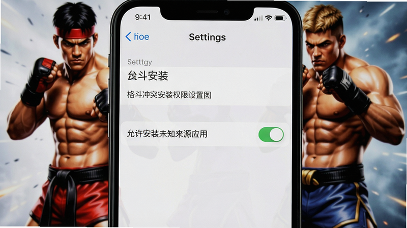 一张手机设置界面截图,突出显示“允许安装未知来源应用”开关开启状态,背景有格斗游戏角色海报,画质清晰,干净无多余元素。alt=