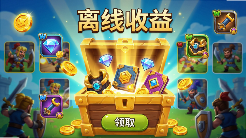 主体:挂机收益界面,画面中央是一个巨大的宝箱,宝箱盖打开,射出金币、装备、经验书等物品的光柱,周围有佣兵在战斗的缩略图背景。布局:宝箱居中,光柱向上发散,四周有悬浮的图标(金币、钻石、装备)。排版:宝箱上方显示“离线收益”大字,下方有“领取”按钮。风格:明亮欢快,卡通渲染,光效绚丽。细节:金币带有光泽,装备图标有稀有度颜色边框,佣兵背影动态模糊。画质:4K高清晰,无杂乱元素。