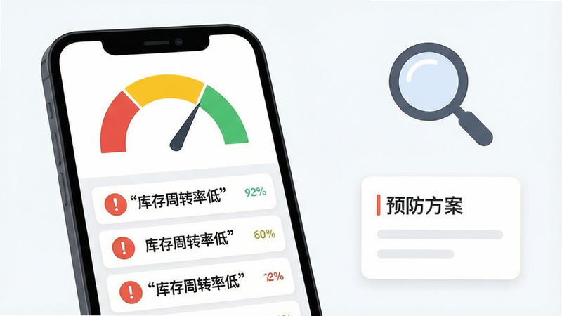主体:手机屏幕显示风险预警界面,一个风险仪表盘以红黄绿三色区分,下方列出三条风险提示,如“库存周转率低”;布局:手机偏左,右侧有放大镜图标和“预防方案”卡片;排版:信息层级分明;风格:扁平卡通风,警示色突出;细节:每条风险前有感叹号图标,风险项文字可辨认;图片文字需加引号,例如“库存周转率低”;画质:干净,无多余元素。