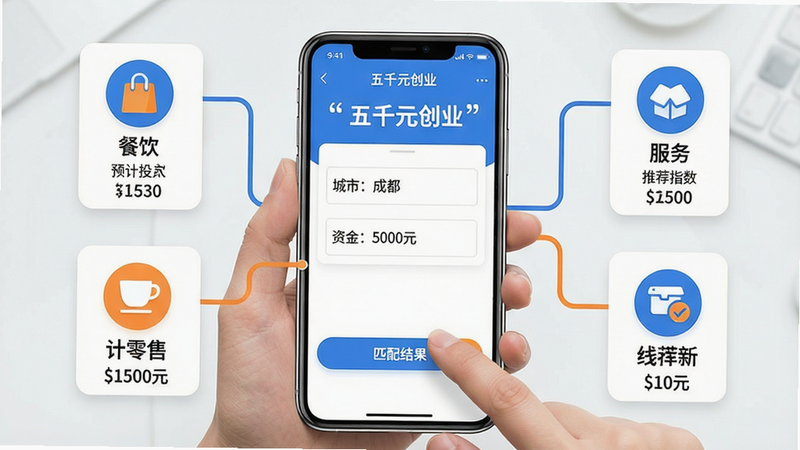 主体:用户正在手机屏幕上操作“五千元创业”App的项目匹配页面,输入框显示“城市:成都”、“资金:5000元”;布局:手机占据画面中央,四周有分支图标分别代表餐饮、零售、服务、线上等;排版:屏幕截图式展示,下方有“匹配结果”按钮;风格:现代UI卡片设计,扁平化图标,白底蓝橙配色;细节:每个分支图标下有小字“预计投入”“推荐指数”,画质清晰;图片中文字需打引号,如“成都”、“5000元”;画质:干净,无多余元素。