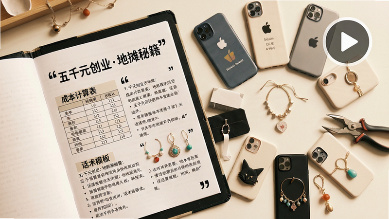 主体:一本打开的电子手册,上面写着“五千元创业地摊秘籍”,旁边散落着小型商品样品(如手机壳、小饰品);布局:手册居左,商品围成一圈,右上角悬浮播放按钮;排版:俯拍视角,柔和光线;风格:写实生活化,略带温馨滤镜;细节:手册页面上有“成本计算表”“话术模板”等段落,清晰可读;图片文字需打引号;画质:干净,无多余元素。
