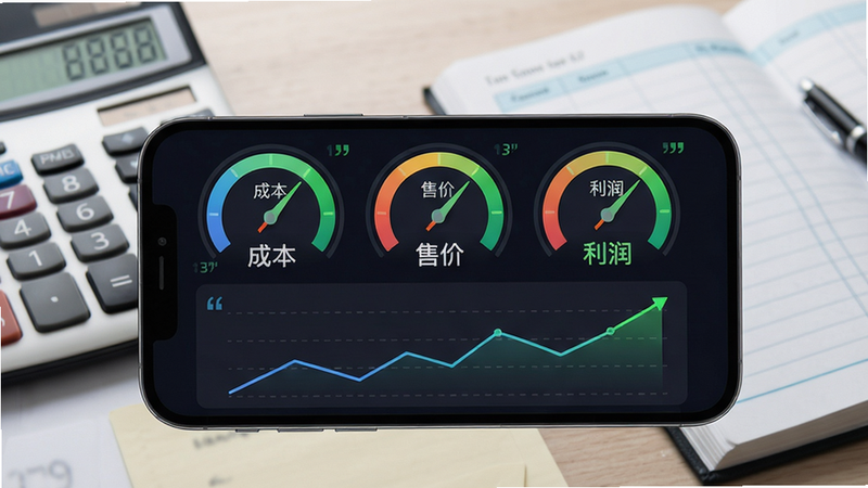 主体:手机横屏显示一个计算器界面,界面上有“成本”、“售价”、“利润”三个彩色仪表盘,底部是折线图;布局:手机居中,背景为办公桌,有计算器和账本;排版:屏幕内容占据主要视觉,图表清晰;风格:科技感UI,深色模式,数据以动态数字滚动显示;细节:仪表盘指针指向绿色区域,折线图向上趋势;图片中不出现多余文字,若有需加引号;画质:干净,无多余元素。