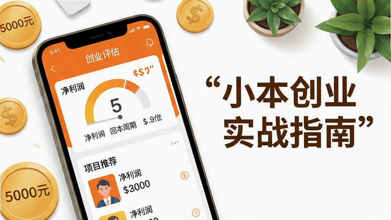 主体:一部智能手机屏幕显示五千元创业App界面,主色调为橙色与白色,背景有硬币和绿植装饰;布局:手机居中,屏幕内容清晰展示“创业评估”仪表盘和“项目推荐”列表;排版:画面左侧为手机特写,右侧配文字标注“小本创业实战指南”;风格:扁平化插画搭配轻度写实,色彩明快,给人积极、可信赖的感觉;细节:硬币上写“5000元”,屏幕图表显示“净利润”、“回本周期”,画质高;图片文字需打引号,例如“净利润”等;画质:超清,干净无多余元素。