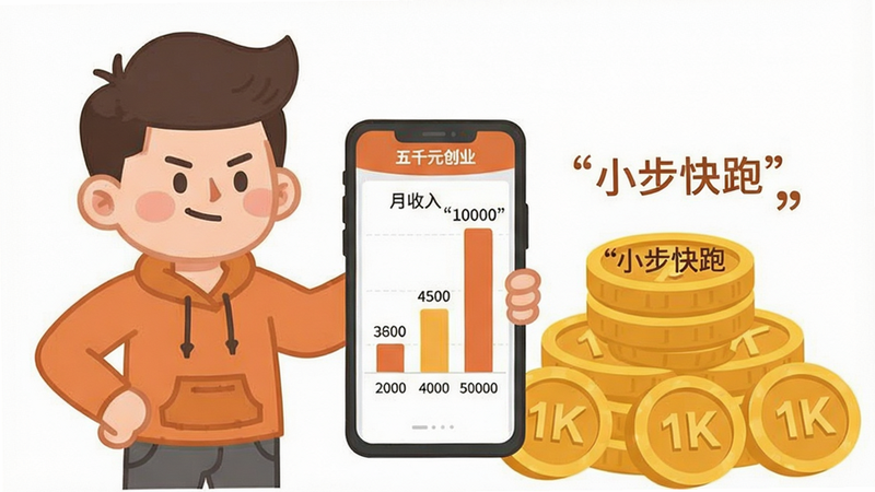 主体:一个卡通人物站在金币堆旁,手里拿着手机显示“五千元创业”App的收益统计页面,屏幕上有柱状图显示“月收入”从2000到10000;布局:卡通人物居中偏左,金币堆在右侧,手机屏幕清晰;排版:人物表情自信,金币堆上写着“小步快跑”;风格:扁平卡通风,颜色温暖;细节:柱状图数据标签可辨认,金币上有“1K”字样;图片文字需加引号,如“月收入”;画质:干净,无多余元素。
