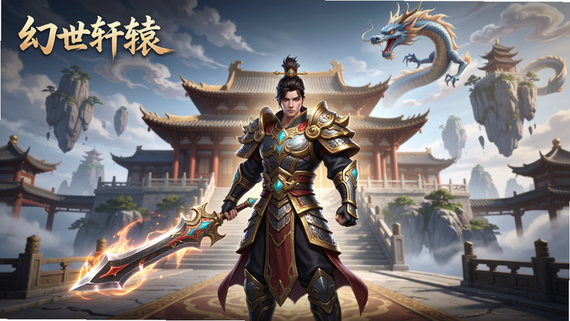 主体:《幻世轩辕》游戏主界面场景,布局:中央为英雄角色站立,背后是宏伟的轩辕宫殿和漂浮的仙山,排版:角色占据画面中央,背景层次分明,风格:东方玄幻唯美,细节:角色身着华丽铠甲,武器发光,天空有龙形云彩,画质:4K超清,干净无多余元素。