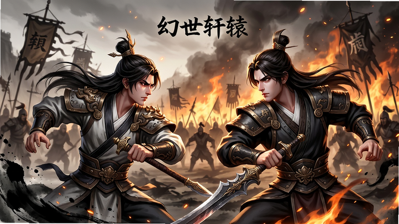 主体:《幻世轩辕》游戏剧情过场动画场景,布局:前景为两位角色对峙,背景是古战场和火焰,排版:角色居中,周围有粒子特效,风格:水墨与现代CG结合,细节:角色表情生动,武器细节精致,画质:高清,无多余元素。