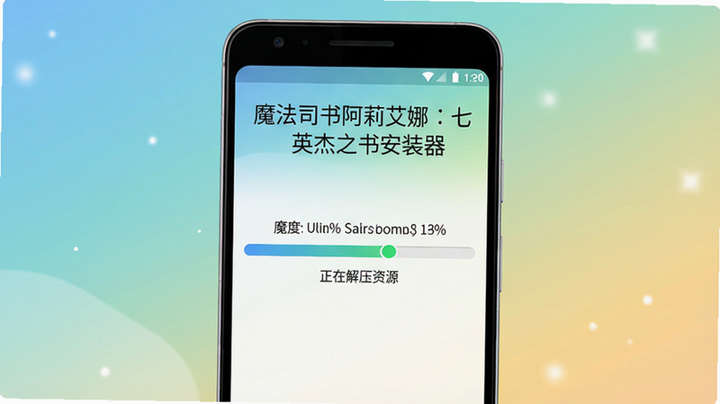 主体为一台安卓手机,屏幕上显示安装进度条,进度条上方有“魔法司书阿莉艾娜:七英杰之书安装器”文字,布局为手机居中,背景为渐变色,风格简洁明亮,细节包括进度百分比和“正在解压资源”提示,画质清晰,干净无多余元素