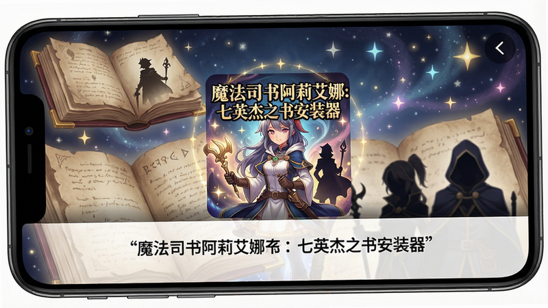 主体为手机屏幕显示安装界面,中央是游戏封面图《魔法司书阿莉艾娜:七英杰之书安装器》,背景为魔法书与星光,布局居中且干净,排版简洁,风格为日式幻想插画,细节包括书页纹理和英杰剪影,画质高清,无多余元素,文字“魔法司书阿莉艾娜:七英杰之书安装器”加引号