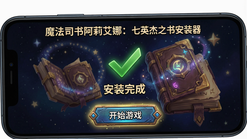 主体为手机屏幕展示安装成功界面,中央有“安装完成”绿色勾号,下方有“开始游戏”按钮,背景为星空魔法书特效,布局居中,风格为幻想游戏UI,细节包括按钮光效和纹理,画质高清,文字“魔法司书阿莉艾娜:七英杰之书安装器”位于顶部