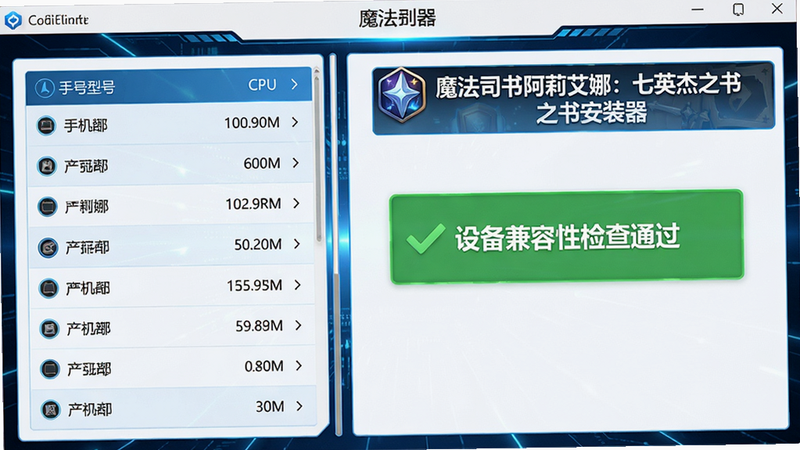 主体是检测界面,显示“设备兼容性检查通过”的绿色提示,左侧有手机型号列表,右侧有“魔法司书阿莉艾娜:七英杰之书安装器”标识,布局分为左右两栏,风格为科技蓝白配色,细节包括CPU与RAM数据,画质高清,无多余元素