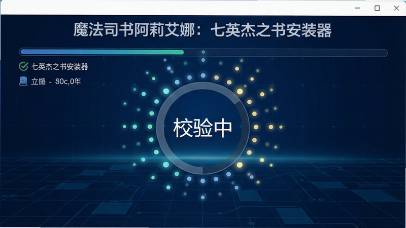 主体为校验界面,中央显示“校验中”动画,周围有放射状光点,上方标题“魔法司书阿莉艾娜:七英杰之书安装器”,背景为深蓝色科技感网格,风格现代扁平,细节包括校验进度条和文件名称,画质干净,无多余元素