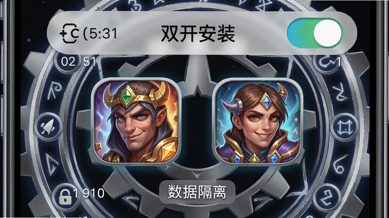 手机界面展示安装器“双开安装”开关,两个游戏图标并列,下方有“数据隔离”标签,背景为银色齿轮与魔法阵,排版对称,风格科技感与幻想结合,细节有版本号标识,画质高清