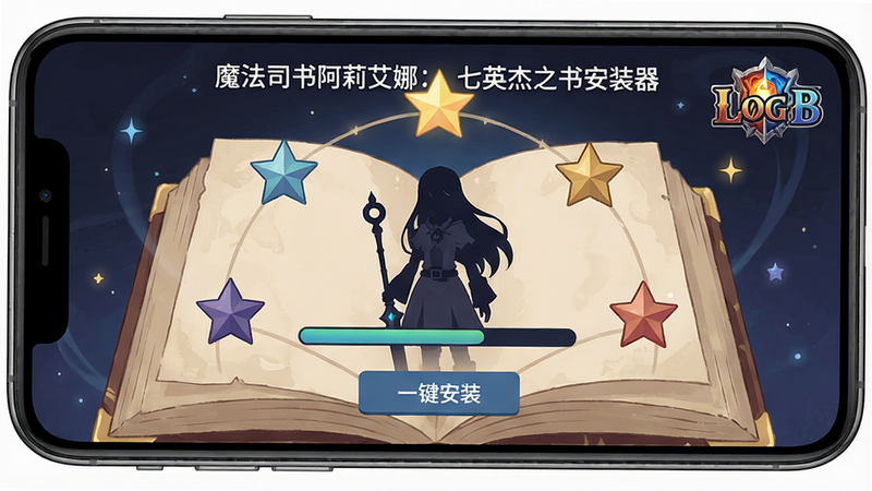 主体为手机屏幕展示“魔法司书阿莉艾娜:七英杰之书安装器”主界面,界面中央有游戏角色剪影与安装进度条,背景是魔法书页与七颗星辰环绕,整体排版居中,风格为日式幻想插画与扁平化UI结合,细节包含“一键安装”按钮和游戏LOGO,画质高清、干净无多余元素