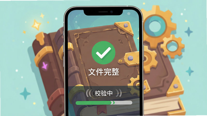 手机屏幕显示安装器校验界面,绿色对号标注“文件完整”,背景为魔法书与齿轮元素,主体布局居中,风格扁平清新,细节有“校验中”动画与进度条,画质干净无多余元素