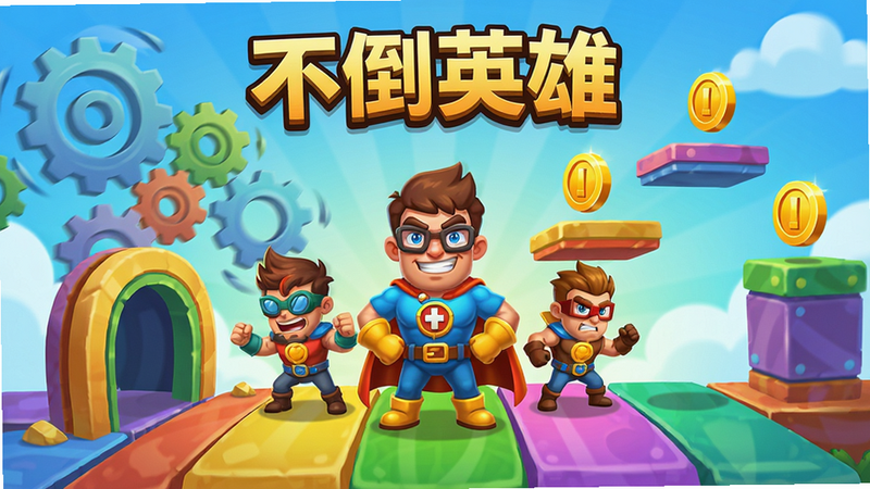游戏主界面展示,《不倒英雄》卡通风格英雄角色站在五彩斑斓的关卡起点,背景有旋转齿轮、弹跳平台和金币,画面明亮活泼,画质清晰,无多余元素,文字“不倒英雄”居中上方。
